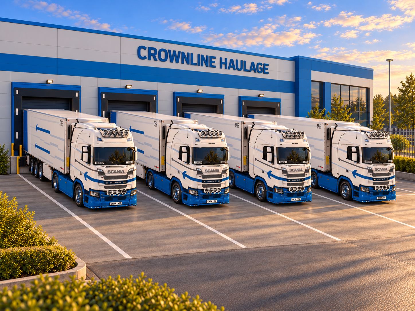 Four Crownline trucks and trailers parked in four loading bays at company headquarters
